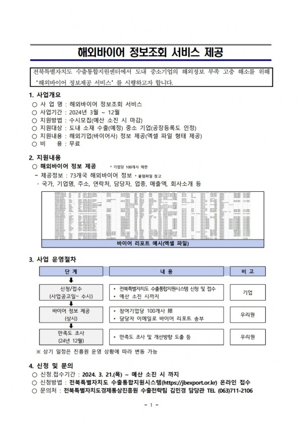 해외바이어 정보조회 서비스 제공 / 전북특별자치도 수출통합지원센터에서 도내 중소기업의 해외정보 부족 고충 해소를 위해 해외바이어 정보제공 서비스를 시행하고자 합니다. / 1. 사업개요 / ○ 사업명 : 해외바이어 정보조회 서비스 / ○ 사업기간: 2024년 3월 ~ 12월 / ○ 지원방법: 수시모집(예산 소진 시 마감) / 지원대상 : 도내 소재 수출(예정) 중소 기업(공장등록도 인정) / 지원내용 : 해외기업(바이어사) 정보 제공(엑셀 파일 형태 제공) / ○ 비용 : 무료 / 2. 지원내용 / ○해외바이어 정보 제공 *기업당 100개사 제한 / - 제공정보: 73개국 해외바이어 정보 • 붙임파일 참고 / 국가, 기업명, 주소, 연락처, 담당자, 업종, 매출액, 회사소개 등 / 바이어 리포트 예시(엑셀 파일) / 3. 사업 운영절차 / 단계, 내용, 비교 순으로 / 신청/접수 (사업공고일~ 수시), 전북특별자치도 수출통합지원시스템 신청 및 접수 예산 소진 시까지, 기업 / 바이어 정보 제공 (상시), 참여기업당 100개사 限 담당자 이메일로 바이어 리포트 송부, 우리원 / 만족도 조사 (24년 12월), 만족도 조사 및 개선방향 도출 등, 우리원 / ※ 상기 일정은 진흥원 운영 상황에 따라 변동 가능 / 4. 신청 및 문의 / ○ 신청접수기간: 2024. 3. 21.(목) ~ 예산 소진 시까지 / ○ 신청방법: 전북특별자치도 수출통합지원시스템(https://jbexport.or.kr) 온라인 접수 / ○ 문의처: 전북특별자치도경제통상진흥원 수출전략팀 김민경 담당관 TEL (063)711-2106