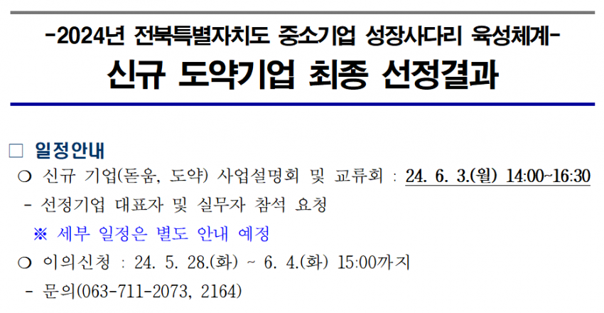 -2024년 전북특별자치도 중소기업 성장사다리 육성체계- 신규 도약기업 최종 선정결과 / 일정안내 / ᄋ 신규 기업(돋움, 도약) 사업설명회 및 교류회 : 24. 6. 3.(월) 14:00~16:30 / - 선정기업 대표자 및 실무자 참석 요청 / ※ 세부 일정은 별도 안내 예정 / ○ 이의신청 : 24. 5. 28.(화) ~ 6. 4.(화) 15:00까지 / - 문의(063-711-2073, 2164)